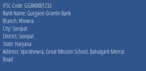 Gurgaon Gramin Bank Khewra Branch, Branch Code 001233 & IFSC Code GGBK0001233