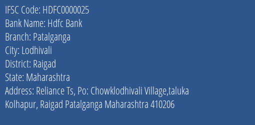 Hdfc Bank Patalganga Branch Raigad IFSC Code HDFC0000025