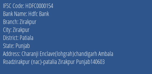 Hdfc Bank Zirakpur Branch Patiala IFSC Code HDFC0000154