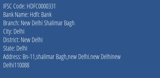 Hdfc Bank New Delhi Shalimar Bagh Branch New Delhi IFSC Code HDFC0000331