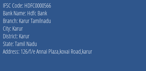 Hdfc Bank Karur Tamilnadu Branch, Branch Code 000566 & IFSC Code HDFC0000566