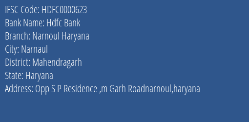 Hdfc Bank Narnoul Haryana Branch, Branch Code 000623 & IFSC Code HDFC0000623