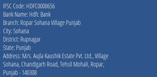 Hdfc Bank Ropar Sohana Village Punjab Branch, Branch Code 000656 & IFSC Code Hdfc0000656