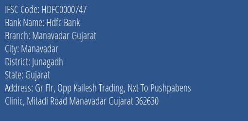 Hdfc Bank Manavadar Gujarat Branch Junagadh IFSC Code HDFC0000747