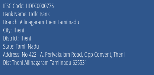 Hdfc Bank Allinagaram Theni Tamilnadu Branch, Branch Code 000776 & IFSC Code HDFC0000776