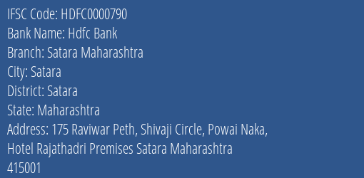 Hdfc Bank Satara Maharashtra Branch, Branch Code 000790 & IFSC Code Hdfc0000790