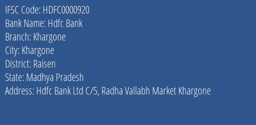 Hdfc Bank Khargone Branch, Branch Code 000920 & IFSC Code HDFC0000920