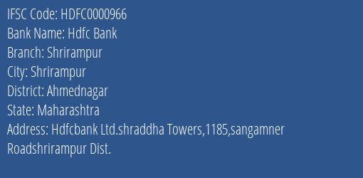 Hdfc Bank Shrirampur Branch Ahmednagar IFSC Code HDFC0000966