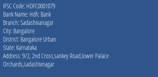 Hdfc Bank Sadashivanagar Branch Bangalore Urban IFSC Code HDFC0001079