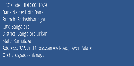 Hdfc Bank Sadashivanagar Branch IFSC Code