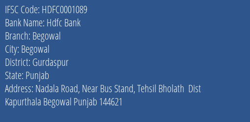 Hdfc Bank Begowal Branch Gurdaspur IFSC Code HDFC0001089