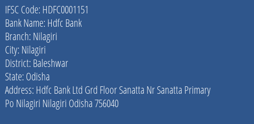Hdfc Bank Nilagiri Branch Baleshwar IFSC Code HDFC0001151