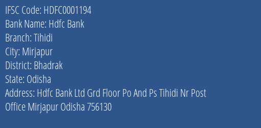 Hdfc Bank Tihidi Branch, Branch Code 001194 & IFSC Code HDFC0001194