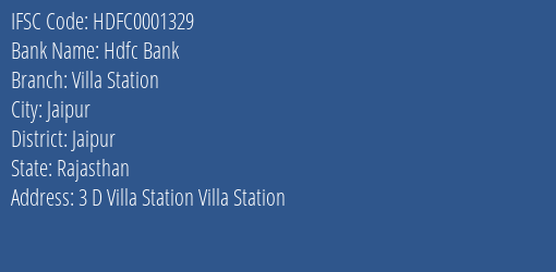 Hdfc Bank Villa Station Branch Jaipur IFSC Code HDFC0001329