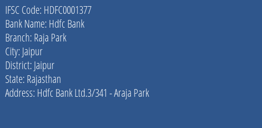 Hdfc Bank Raja Park Branch Jaipur IFSC Code HDFC0001377