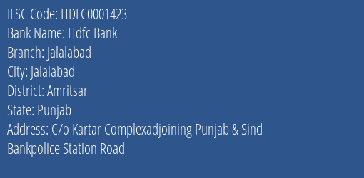 Hdfc Bank Jalalabad Branch Amritsar IFSC Code HDFC0001423