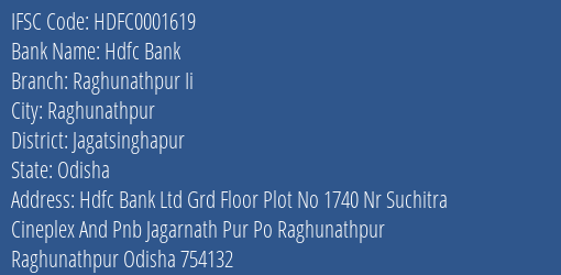 Hdfc Bank Raghunathpur Ii Branch Jagatsinghapur IFSC Code HDFC0001619