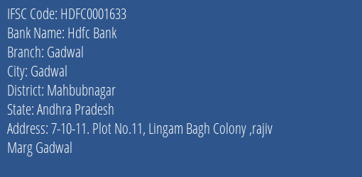 Hdfc Bank Gadwal Branch, Branch Code 001633 & IFSC Code HDFC0001633