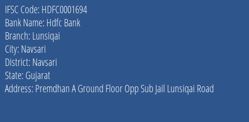 Hdfc Bank Lunsiqai Branch Navsari IFSC Code HDFC0001694