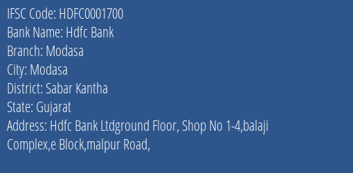 Hdfc Bank Modasa Branch Sabar Kantha IFSC Code HDFC0001700