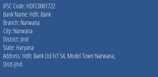 Hdfc Bank Narwana Branch Jind IFSC Code HDFC0001722