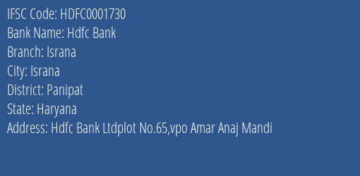 Hdfc Bank Israna Branch Panipat IFSC Code HDFC0001730