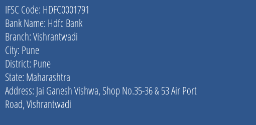 Hdfc Bank Vishrantwadi Branch Pune IFSC Code HDFC0001791