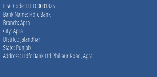 Hdfc Bank Apra Branch Jalandhar IFSC Code HDFC0001826