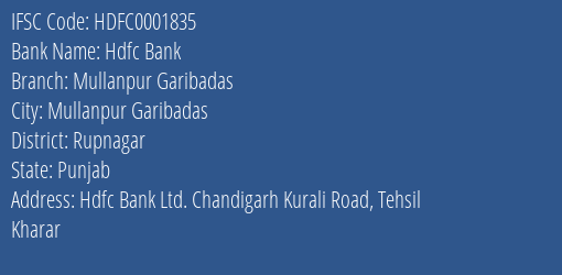 Hdfc Bank Mullanpur Garibadas Branch Rupnagar IFSC Code HDFC0001835