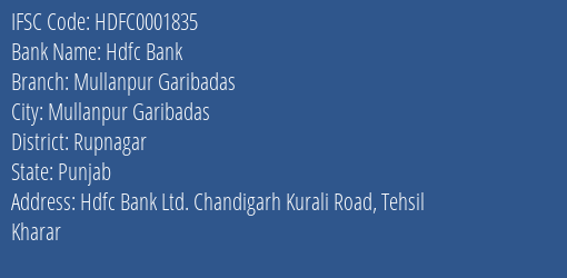 Hdfc Bank Mullanpur Garibadas Branch, Branch Code 001835 & IFSC Code Hdfc0001835