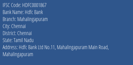 Hdfc Bank Mahalingapuram Branch Chennai IFSC Code HDFC0001867
