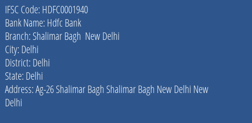 Hdfc Bank Shalimar Bagh New Delhi Branch Delhi IFSC Code HDFC0001940