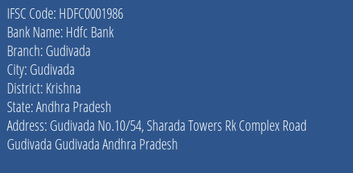 Hdfc Bank Gudivada Branch Krishna IFSC Code HDFC0001986