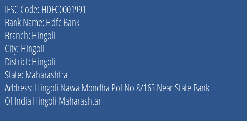 Hdfc Bank Hingoli Branch, Branch Code 001991 & IFSC Code HDFC0001991