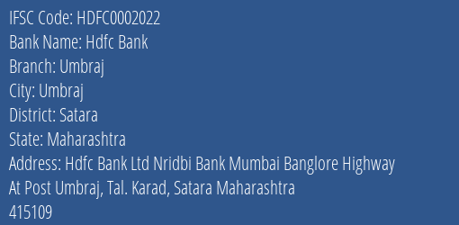 Hdfc Bank Umbraj Branch, Branch Code 002022 & IFSC Code Hdfc0002022