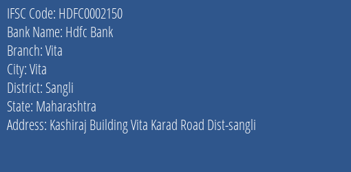 Hdfc Bank Vita Branch Sangli IFSC Code HDFC0002150