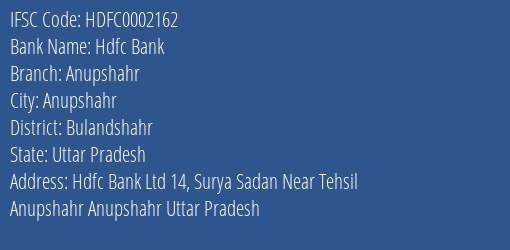 Hdfc Bank Anupshahr Branch, Branch Code 002162 & IFSC Code Hdfc0002162