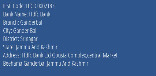 Hdfc Bank Ganderbal Branch Srinagar IFSC Code HDFC0002183
