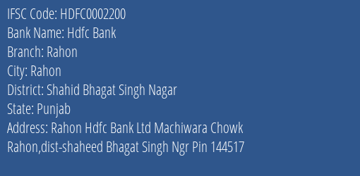 Hdfc Bank Rahon Branch Shahid Bhagat Singh Nagar IFSC Code HDFC0002200