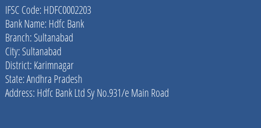 Hdfc Bank Sultanabad Branch Karimnagar IFSC Code HDFC0002203
