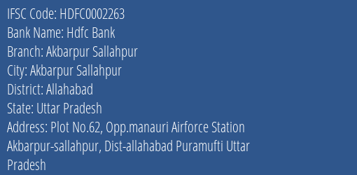 Hdfc Bank Akbarpur Sallahpur Branch, Branch Code 002263 & IFSC Code Hdfc0002263