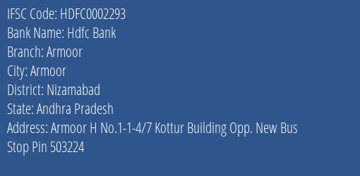 Hdfc Bank Armoor Branch, Branch Code 002293 & IFSC Code Hdfc0002293