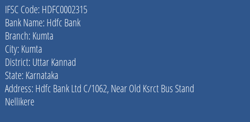 Hdfc Bank Kumta Branch Uttar Kannad IFSC Code HDFC0002315
