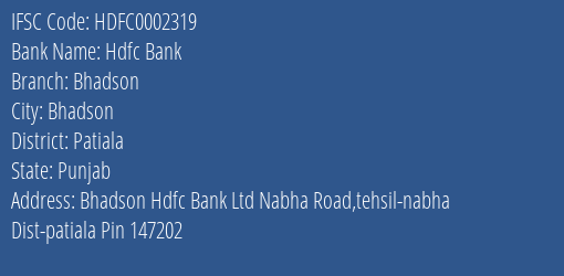 Hdfc Bank Bhadson Branch Patiala IFSC Code HDFC0002319