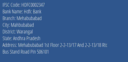 Hdfc Bank Mehabubabad Branch Warangal IFSC Code HDFC0002347