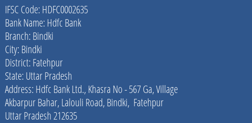 Hdfc Bank Bindki Branch, Branch Code 002635 & IFSC Code Hdfc0002635