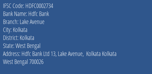 Hdfc Bank Lake Avenue Branch Kolkata IFSC Code HDFC0002734