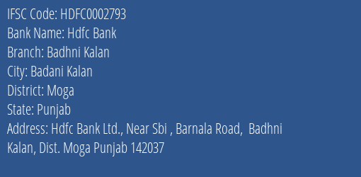 Hdfc Bank Badhni Kalan Branch Moga IFSC Code HDFC0002793