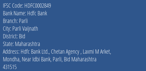 Hdfc Bank Parli Branch Bid IFSC Code HDFC0002849