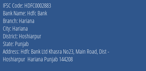 Hdfc Bank Hariana Branch Hoshiarpur IFSC Code HDFC0002883